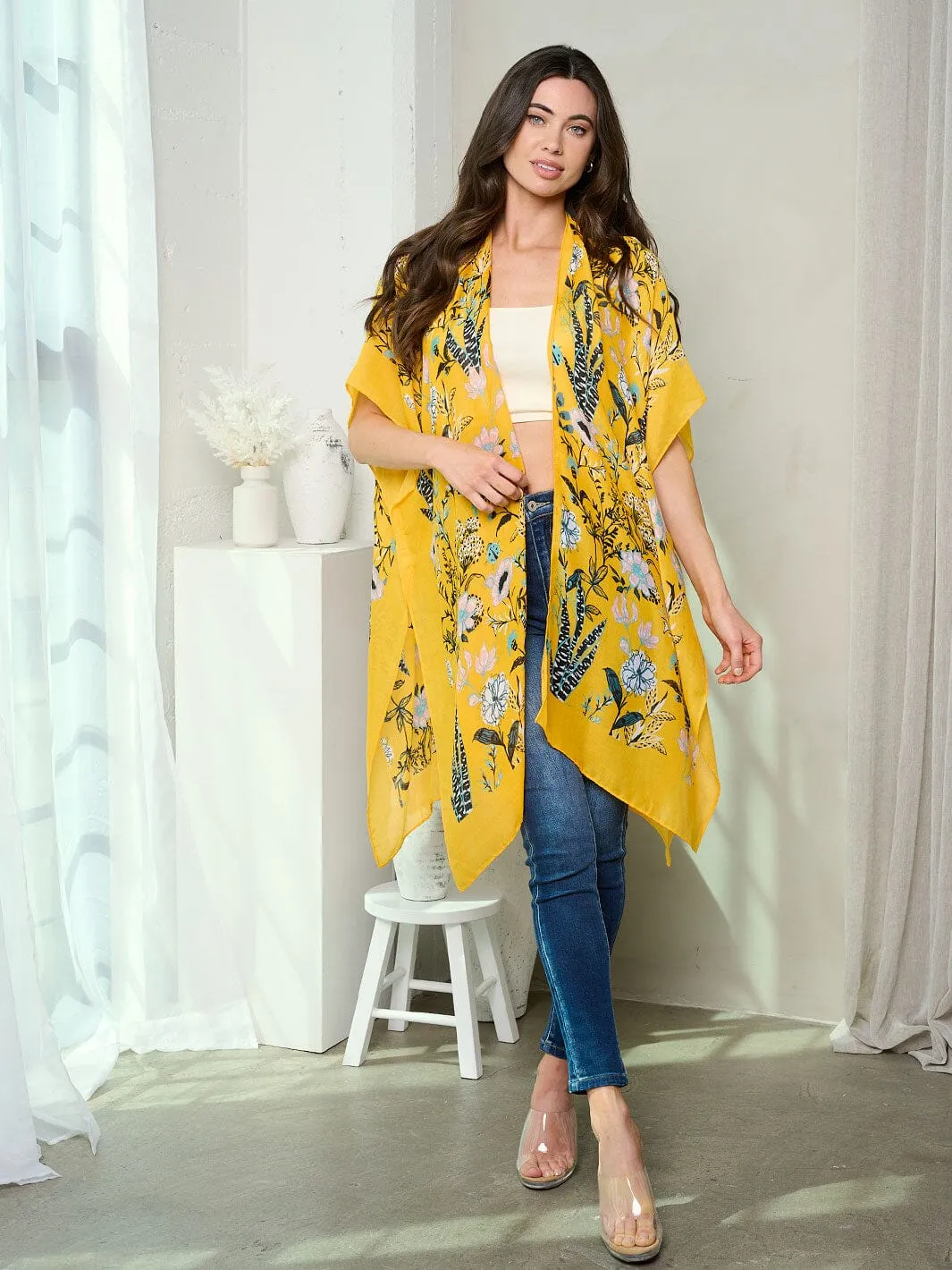 WOMEN'S SHORT SLEEVE OPEN FRONT FLORAL PRINT KIMONO