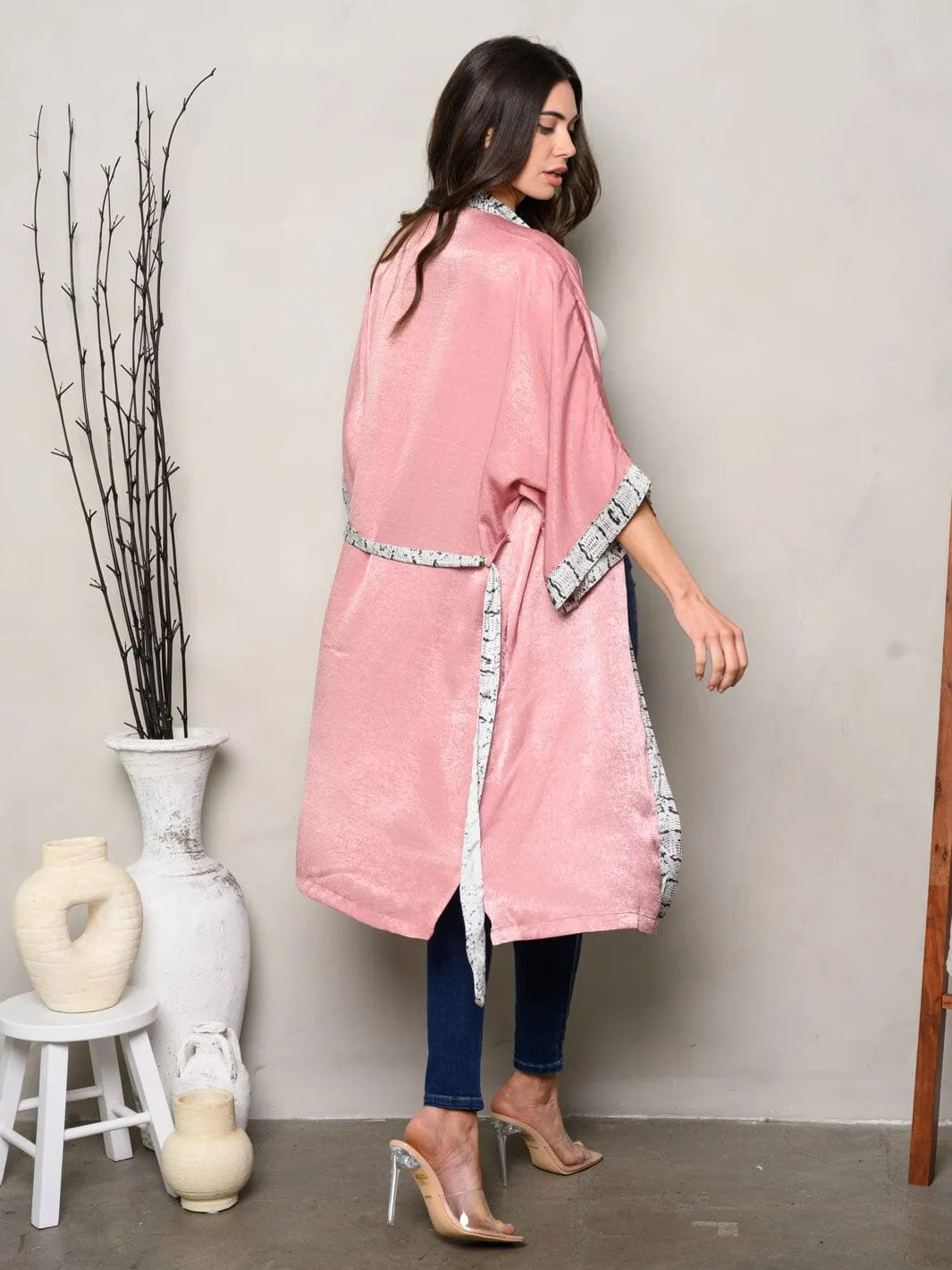 WOMEN'S SHORT SLEEVES OPEN FRONT SELF TIE ANIMAL PRINT TRIM KIMONO